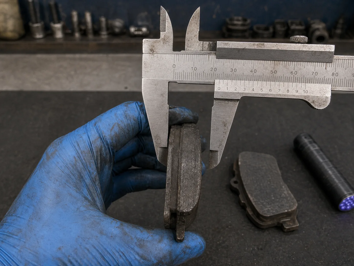 A vernier caliper closed on a brake pad held in a gloved hand, its millimetre scale turned toward the camera