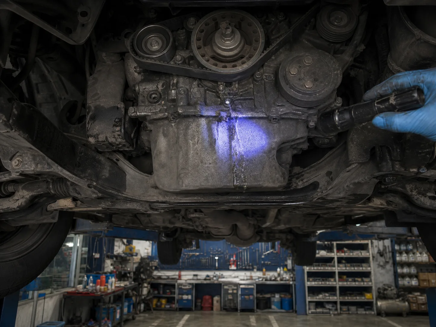 UV 手電筒照出舉升的皮卡車底、從水泵流下來的冷卻液痕跡