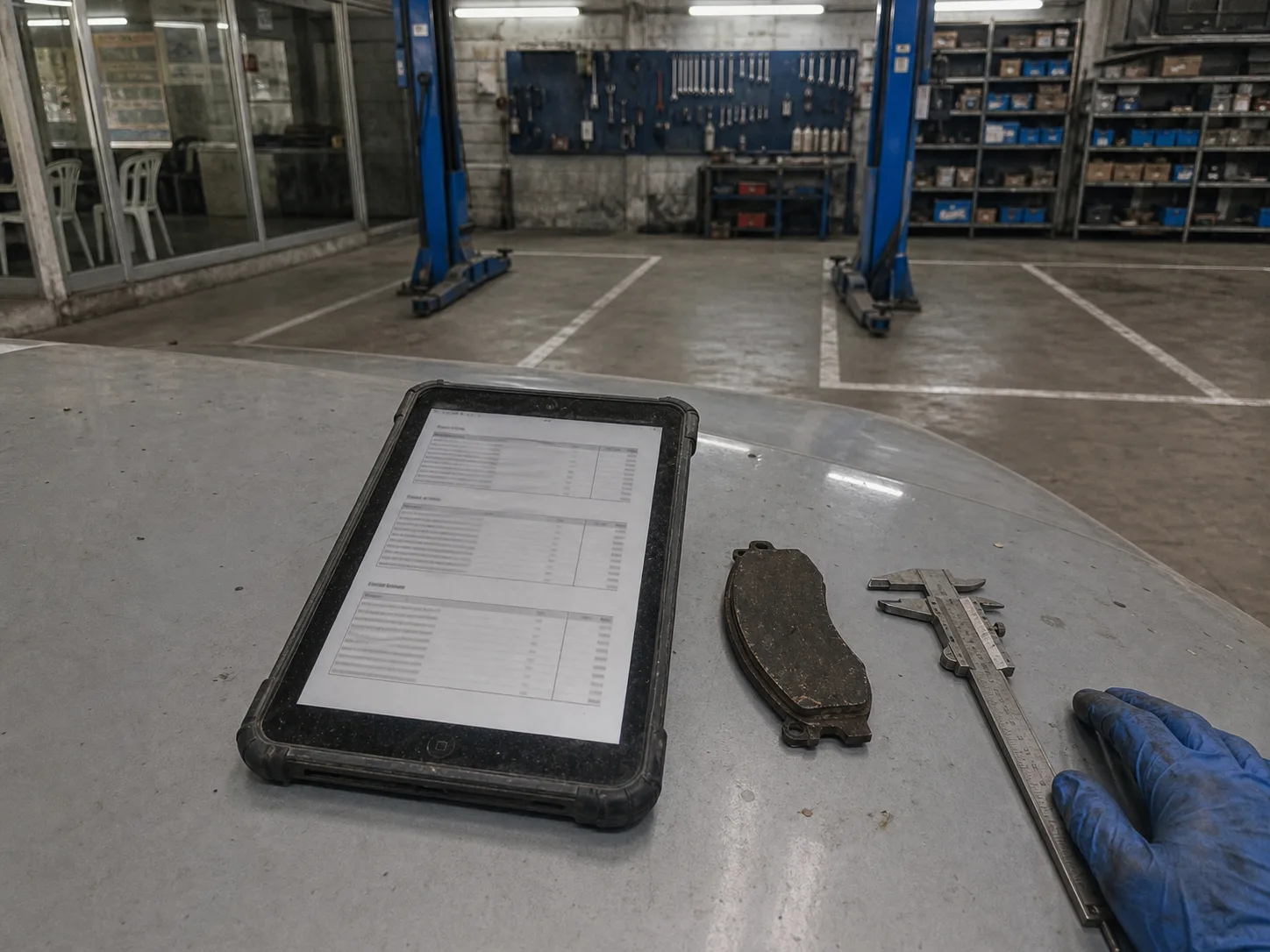 A tablet on a car bonnet showing an itemized estimate, with a worn brake pad and a vernier caliper beside it and the workshop behind